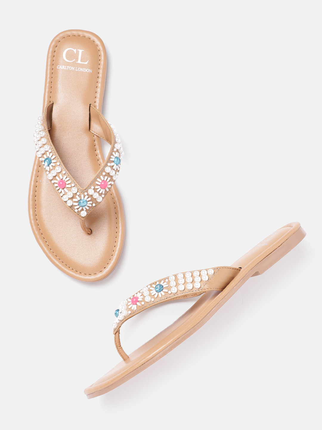 

Carlton London Women Beige & White Embellished Open Toe Flats
