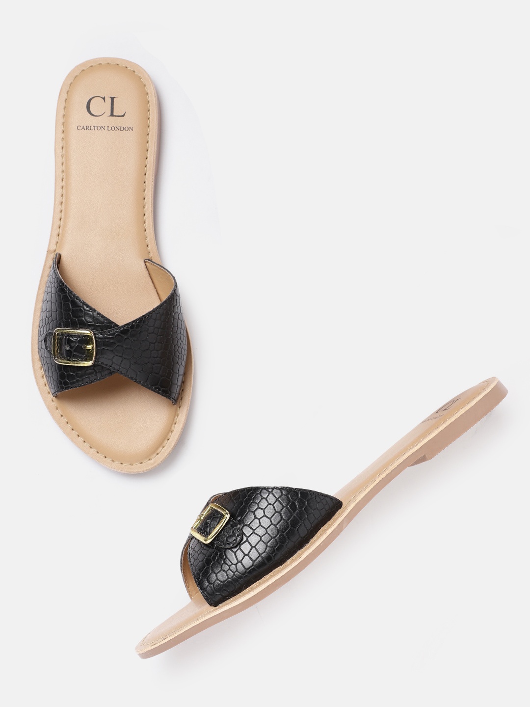 

Carlton London Women Black Snakeskin Textured Open Toe Flats with Buckle Detail