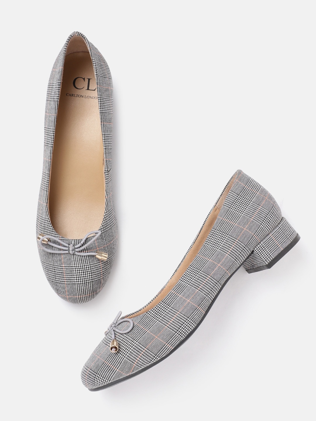 

Carlton London Women Grey & Black Checked Ballerinas with Bow Detail