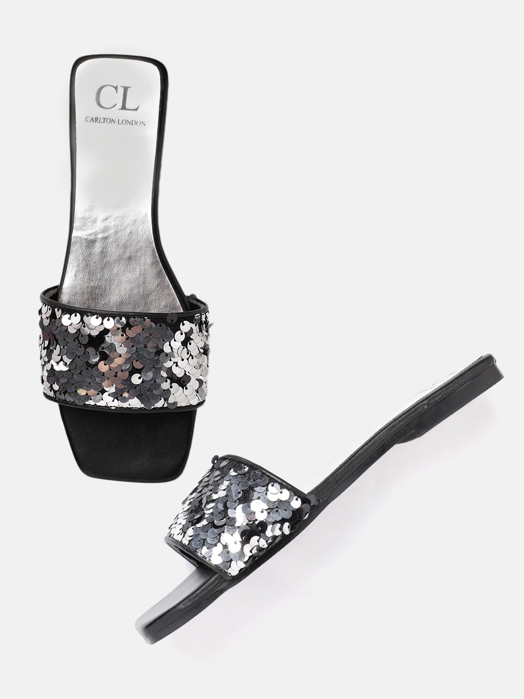 

Carlton London Women Gunmetal-Toned Sequinned Open Toe Flats, Metallic