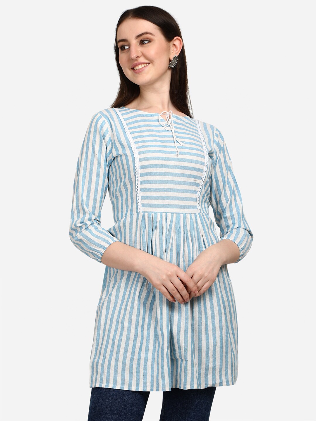 

OM SAI LATEST CREATION Turquoise Blue & White Striped Pure Cotton Anarkali Kurti