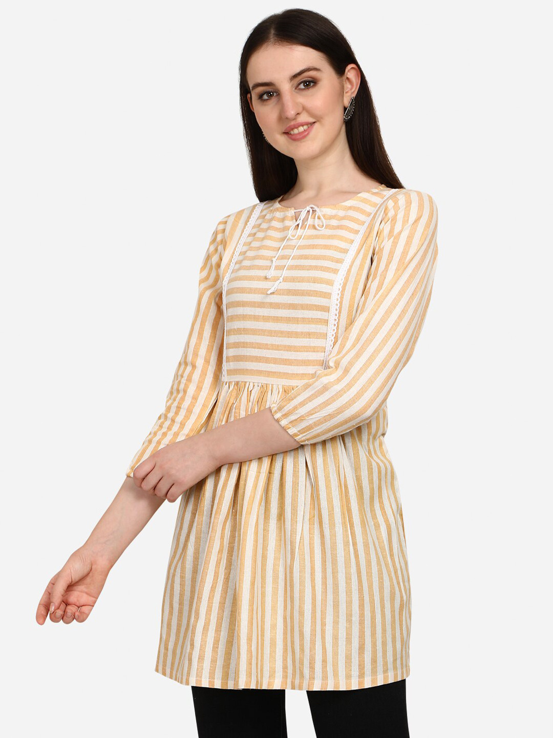 

OM SAI LATEST CREATION Yellow & White Striped Pure Cotton Anarkali Kurti