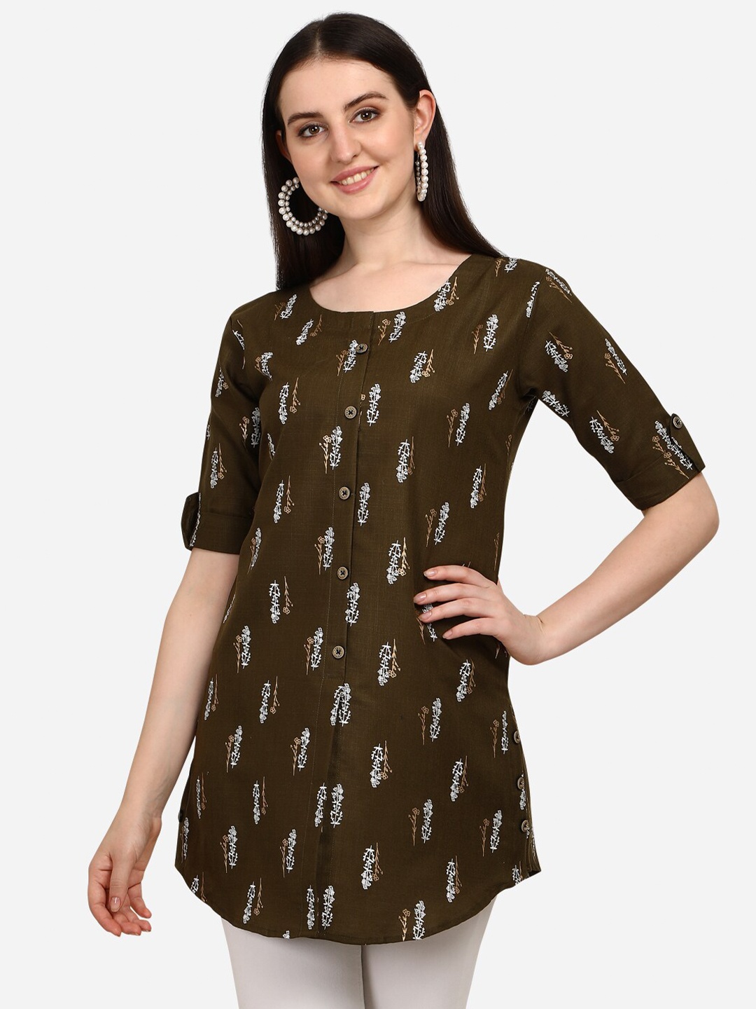 

OM SAI LATEST CREATION Olive Green Ethnic Motifs Printed Pure Cotton Kurti