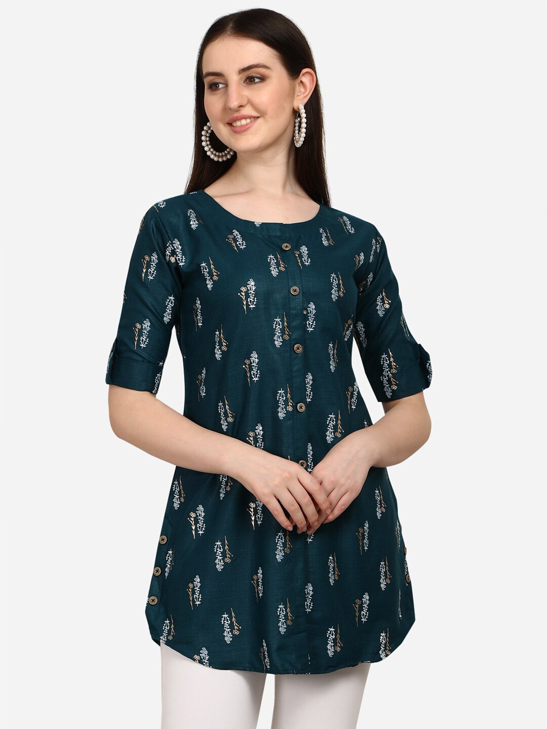 

OM SAI LATEST CREATION Green Ethnic Motifs Printed Pure Cotton Kurti
