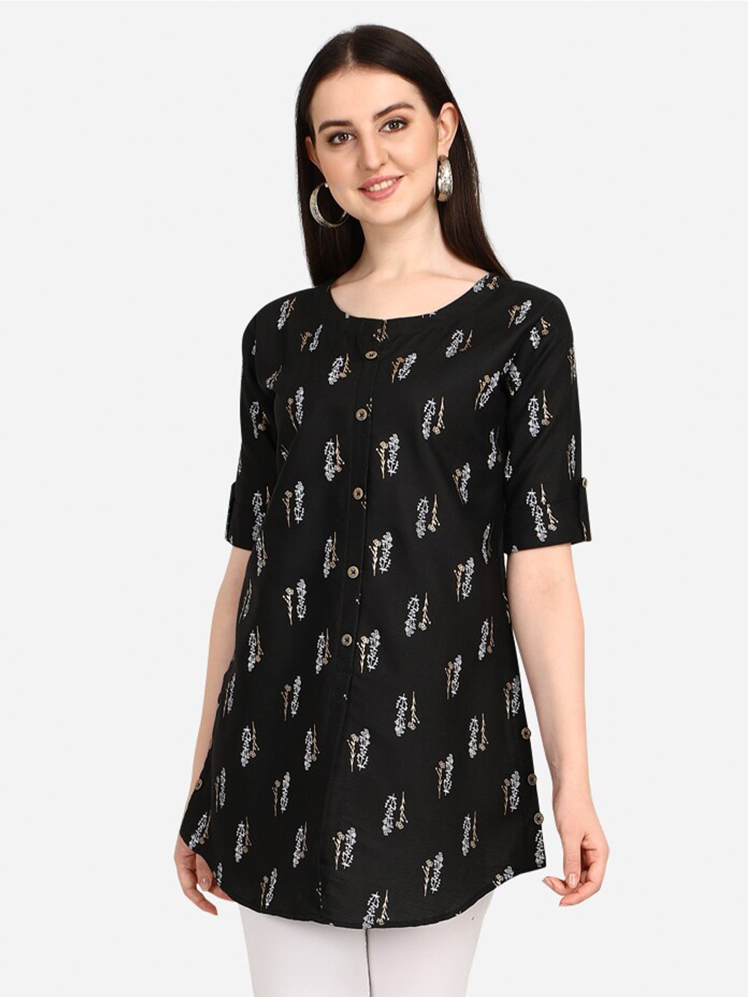 

OM SAI LATEST CREATION Black Ethnic Motifs Printed Pure Cotton Kurti