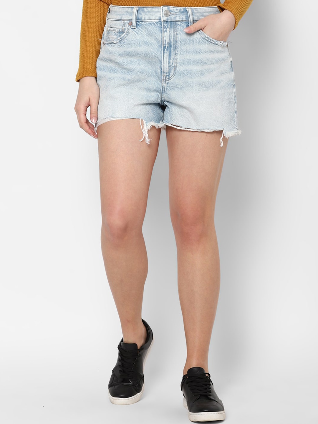 

AMERICAN EAGLE OUTFITTERS Women Blue Washed High-Rise Denim Shorts