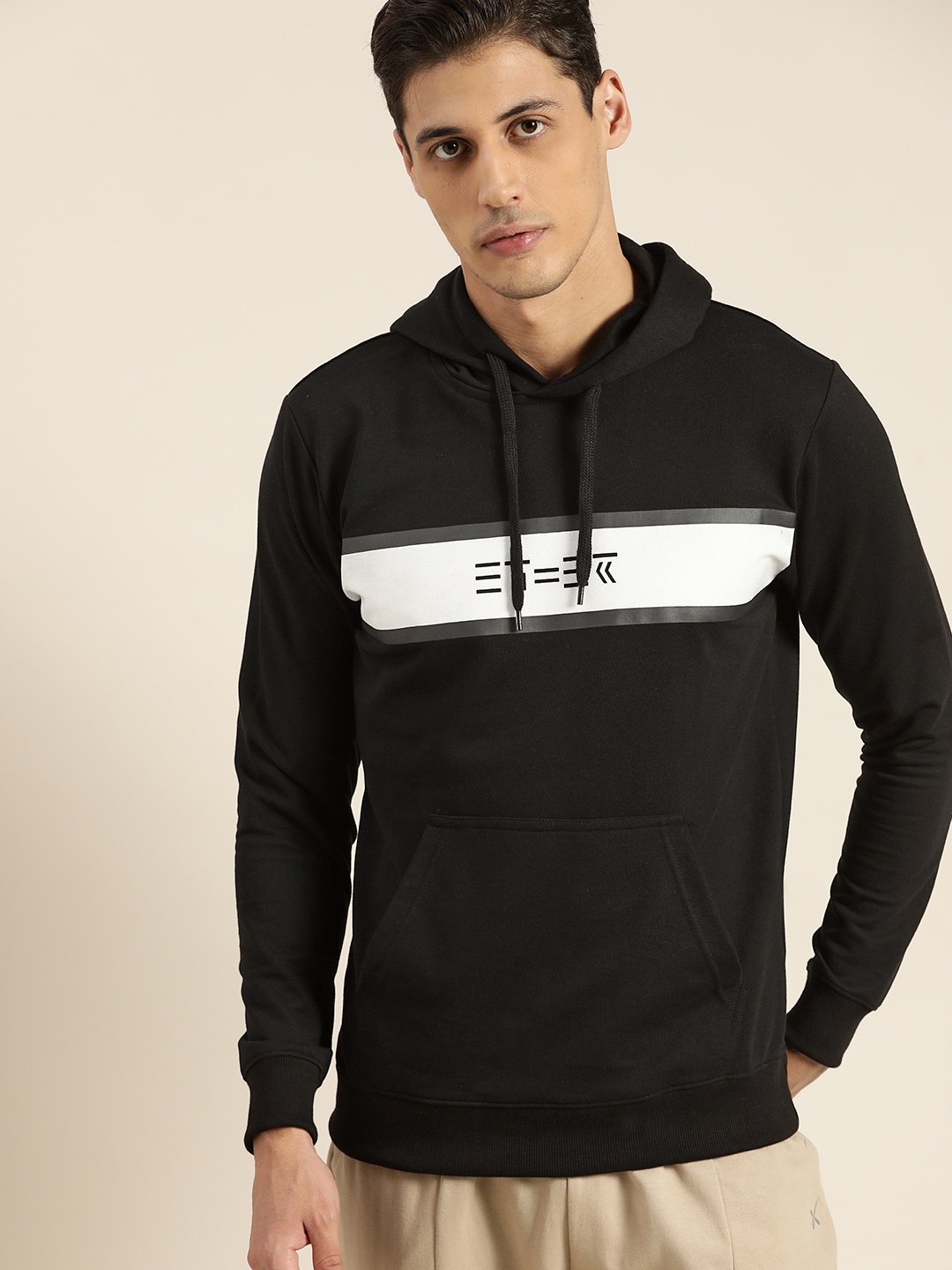 

ether Men Black & White Colourblocked Hooded Sweatshirt with Brand Logo Detail
