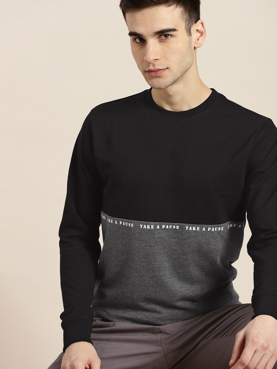 

ether Men Black & Charcoal Grey Colourblocked Sweatshirt