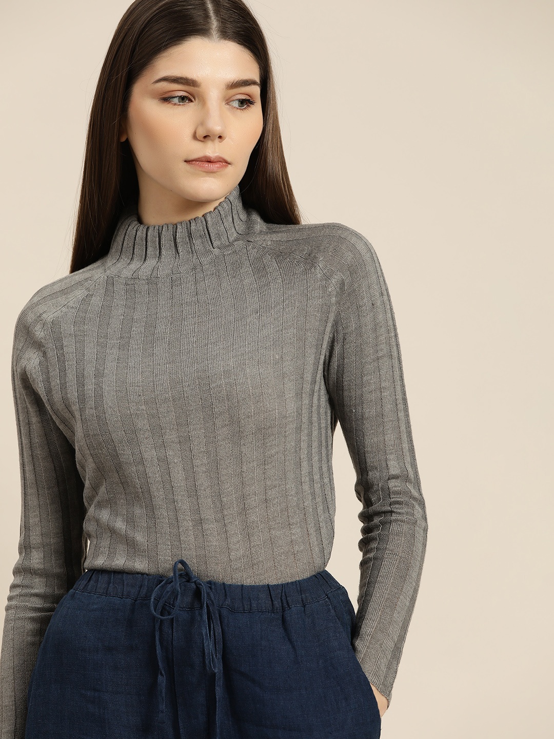 

ether Women Grey Melange Self Design Striped Pullover