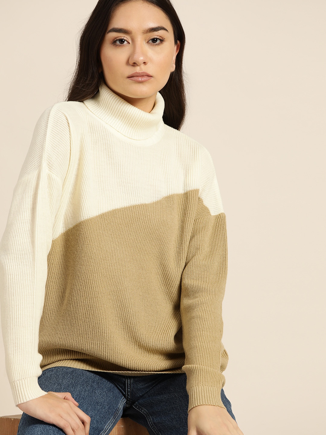 

ether Women Cream-Coloured & Beige Colourblocked Pullover Sweater