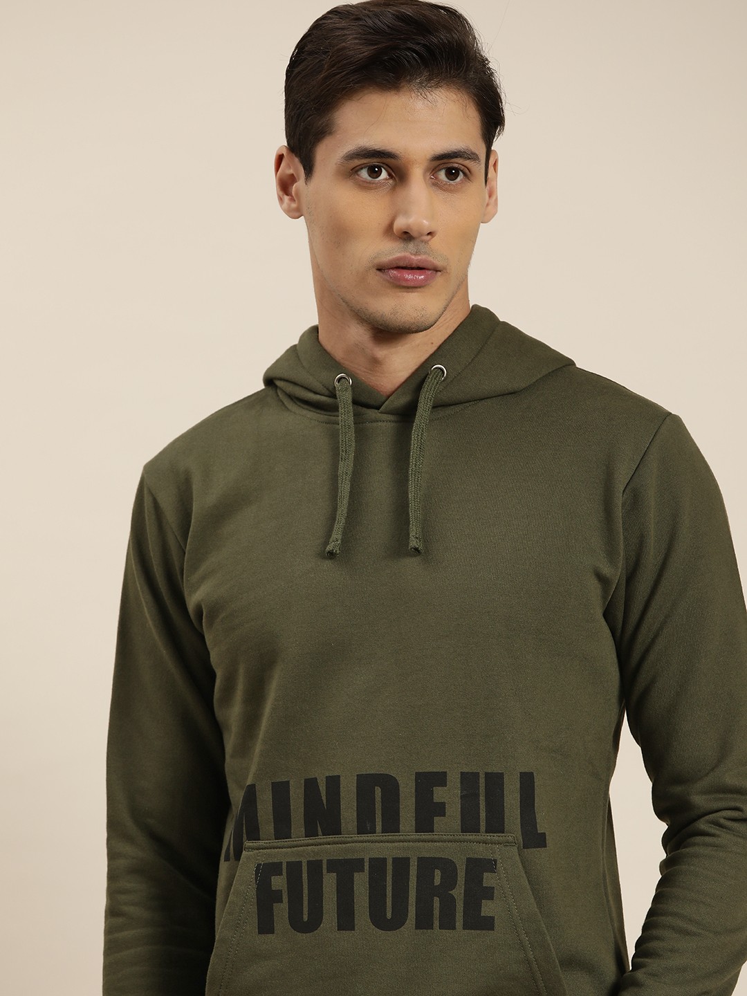

ether Men Olive Green & Black Typography Print Hooded Sweatshirt