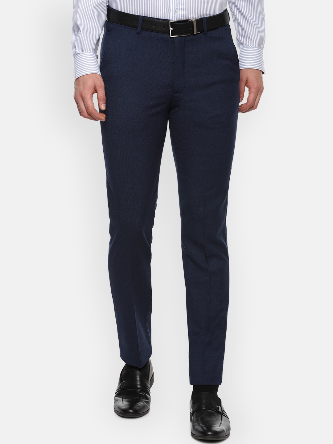 

Louis Philippe Permapress Men Navy Blue Textured Slim Fit Formal Trousers