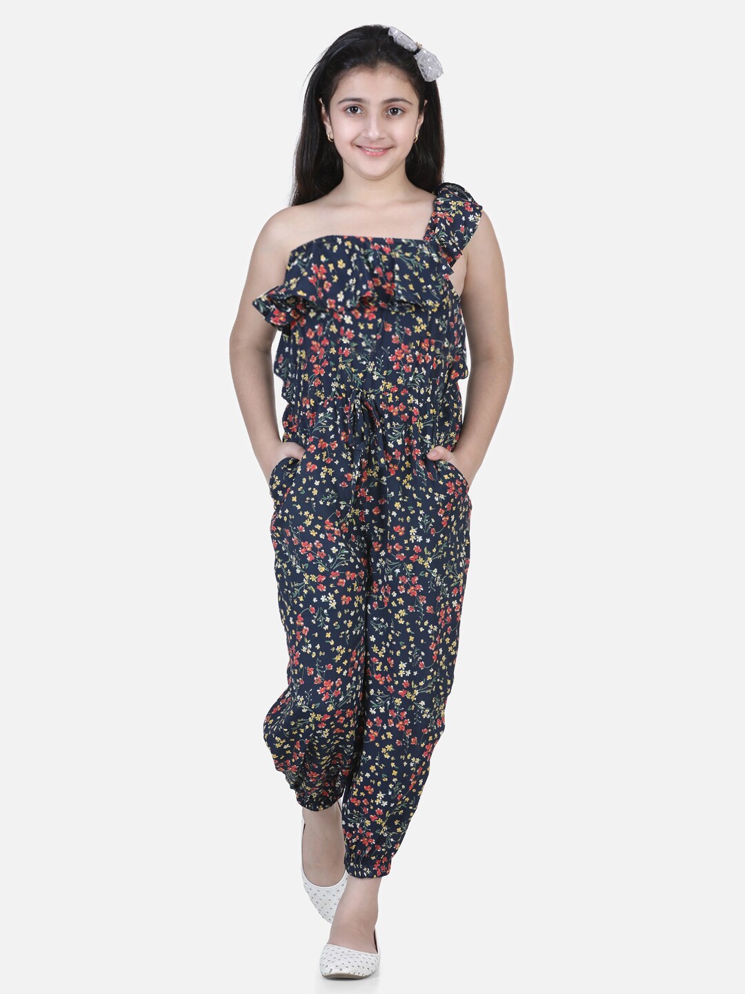 

StyleStone Girls Navy Blue & Orange Off-Shoulder Printed Basic Jumpsuit