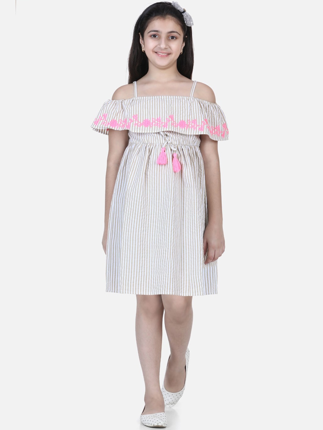 

StyleStone Beige & Pink Striped Off-Shoulder Embroidered Dress