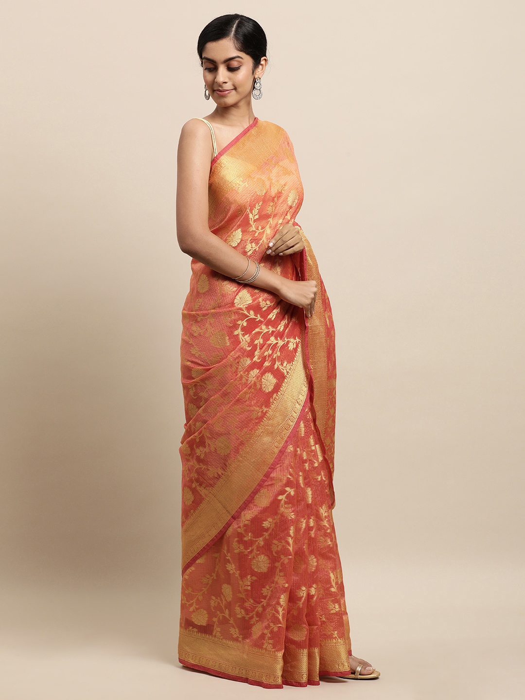 

Geroo Jaipur Woven Design Zari Silk Blend Kota Saree, Peach