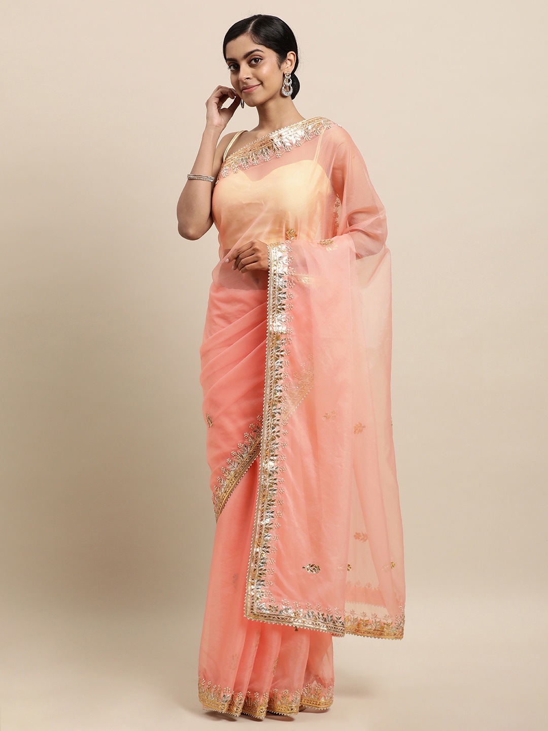 

Geroo Jaipur Peach-Coloured Embellished Gotta Patti Organza Saree