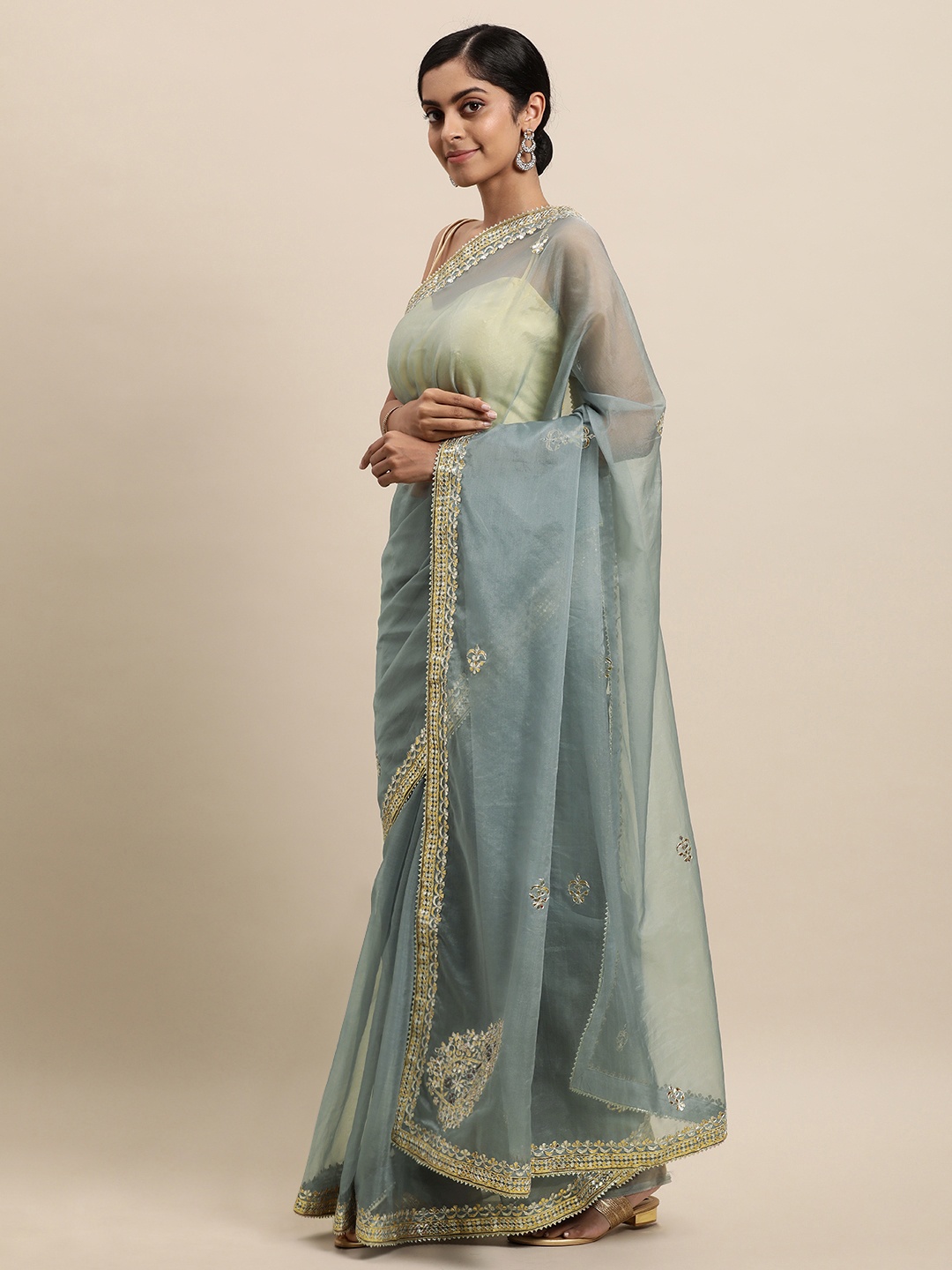 

Geroo Jaipur Grey Embellished Gotta Patti Organza Saree