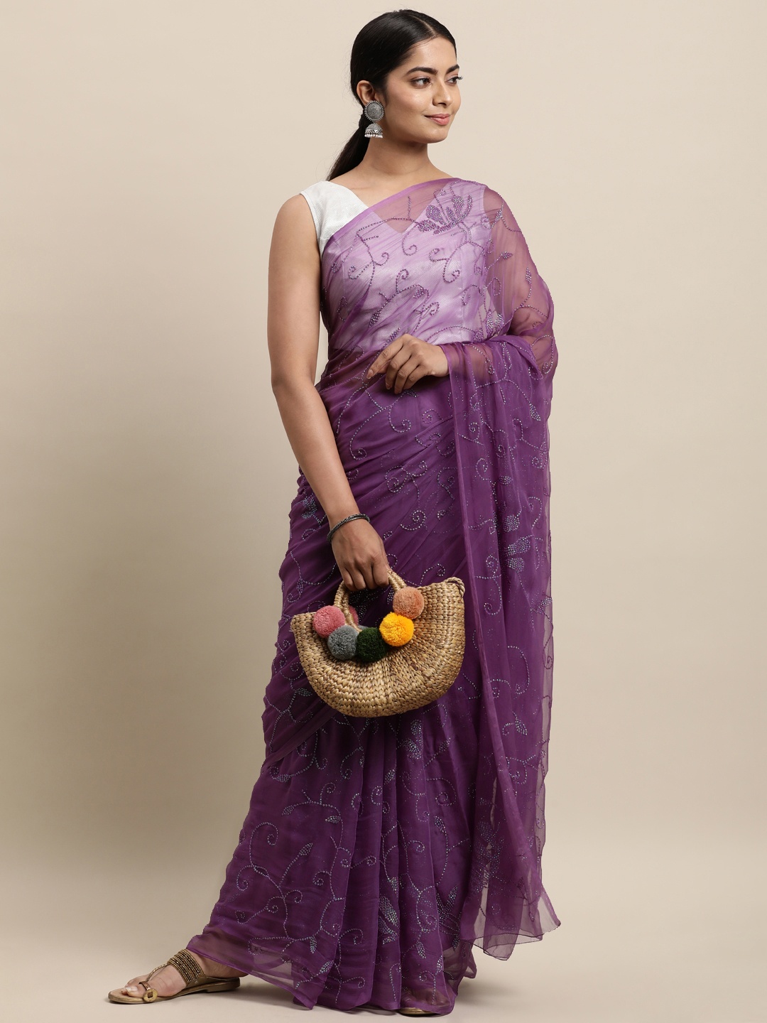 

Geroo Jaipur Purple Floral Sequinned Pure Chiffon Saree