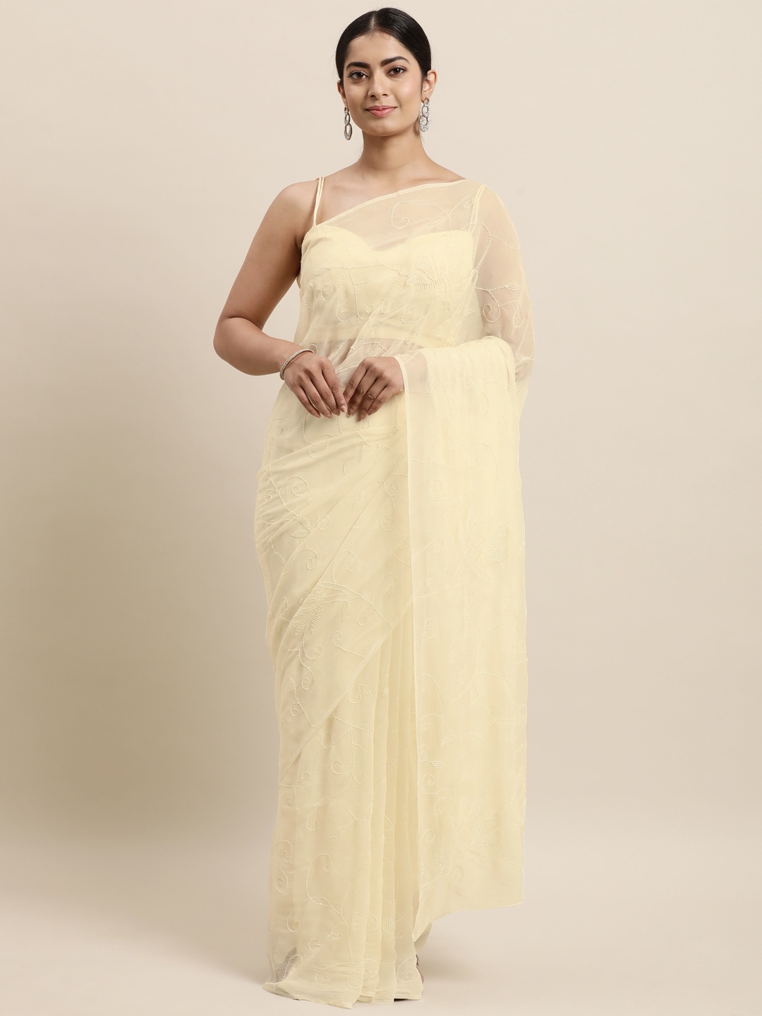

Geroo Jaipur Cream-Coloured Floral Sequinned Pure Chiffon Saree