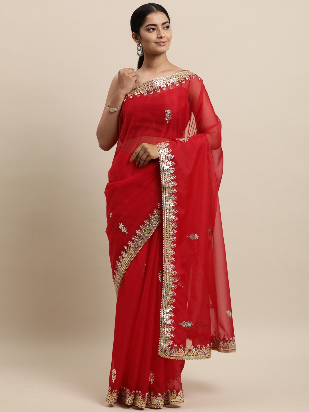 

Geroo Jaipur Red Embellished Gotta Patti Organza Saree