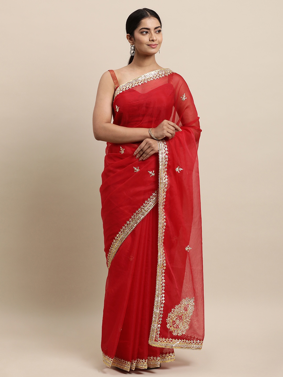 

Geroo Jaipur Red Embellished Gotta Patti Organza Saree