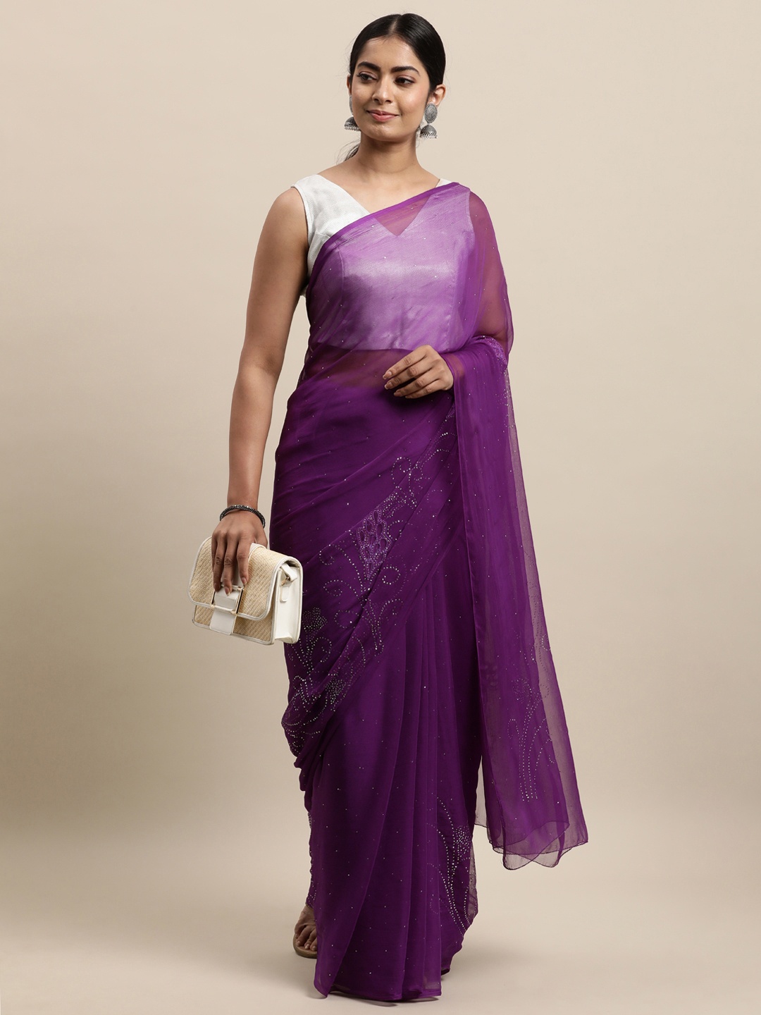 

Geroo Jaipur Purple Floral Mukaish Pure Chiffon Saree