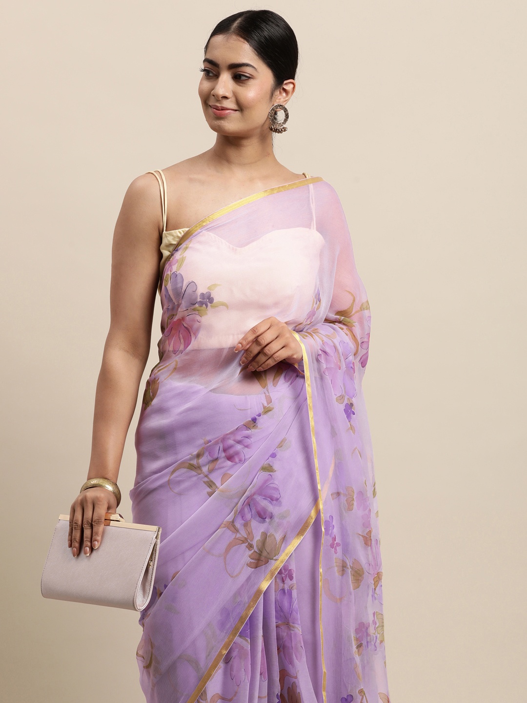 

Geroo Jaipur Handpainted Zari Border Chiffon Saree, Purple