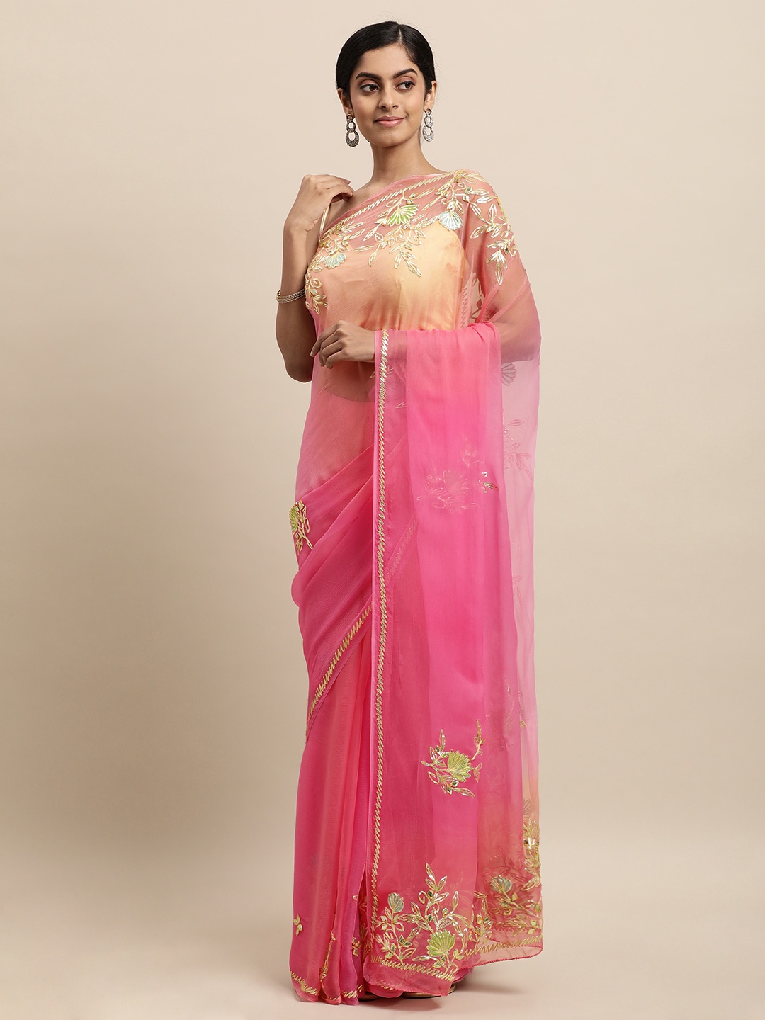 

Geroo Jaipur Pink Embellished Gotta Patti Pure Chiffon Saree