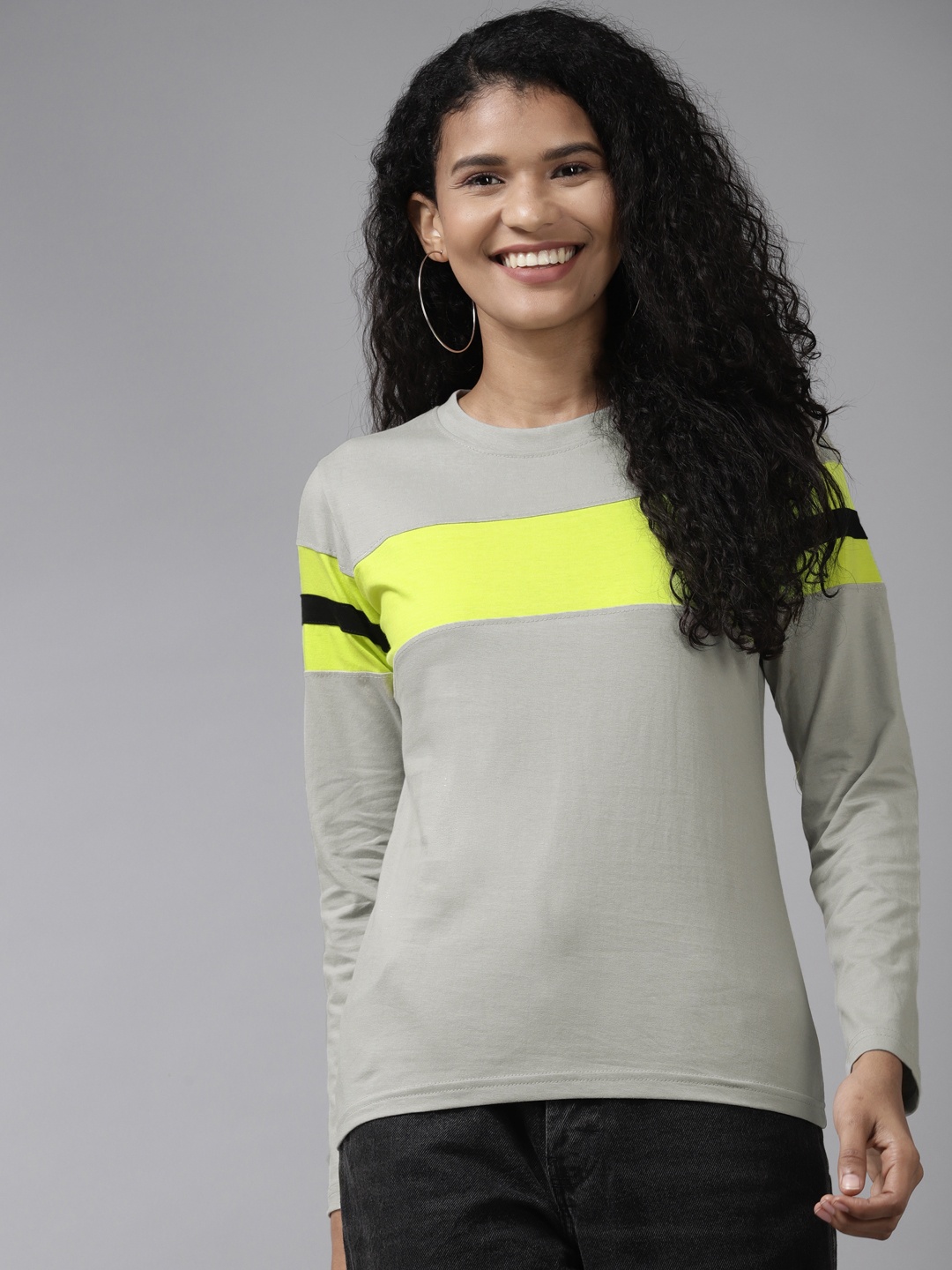 

The Dry State Women Grey Lime Green Colourblocked Pure Cotton T-shirt