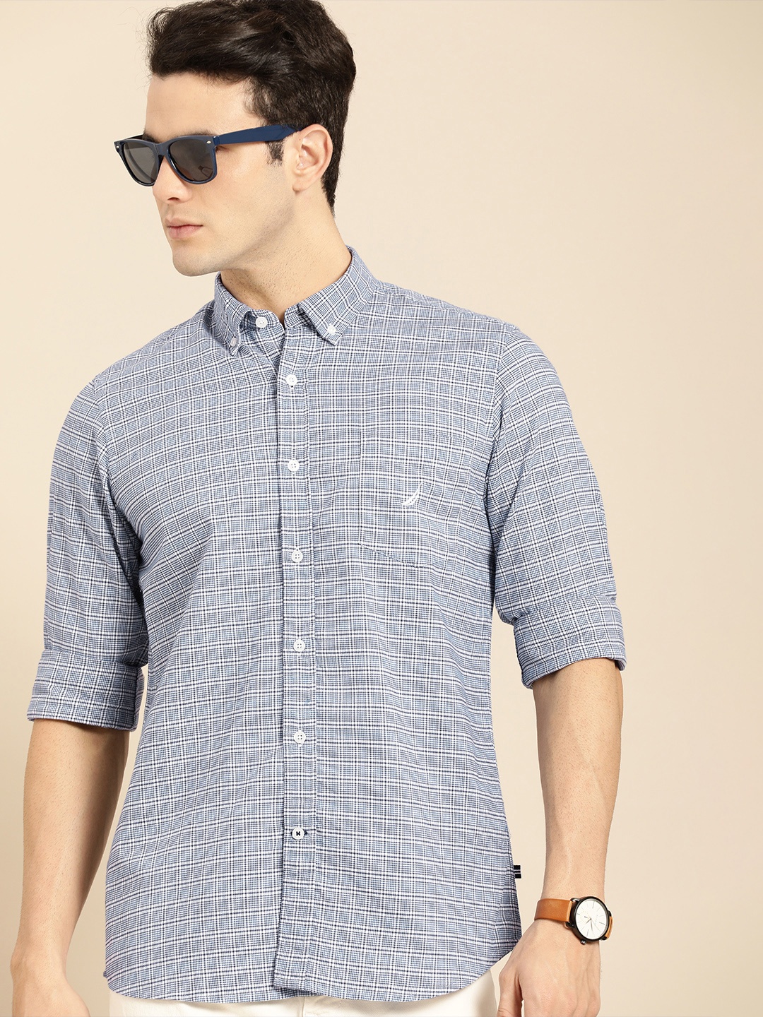 

Nautica Men Blue & White Classic Fit Checked Casual Shirt