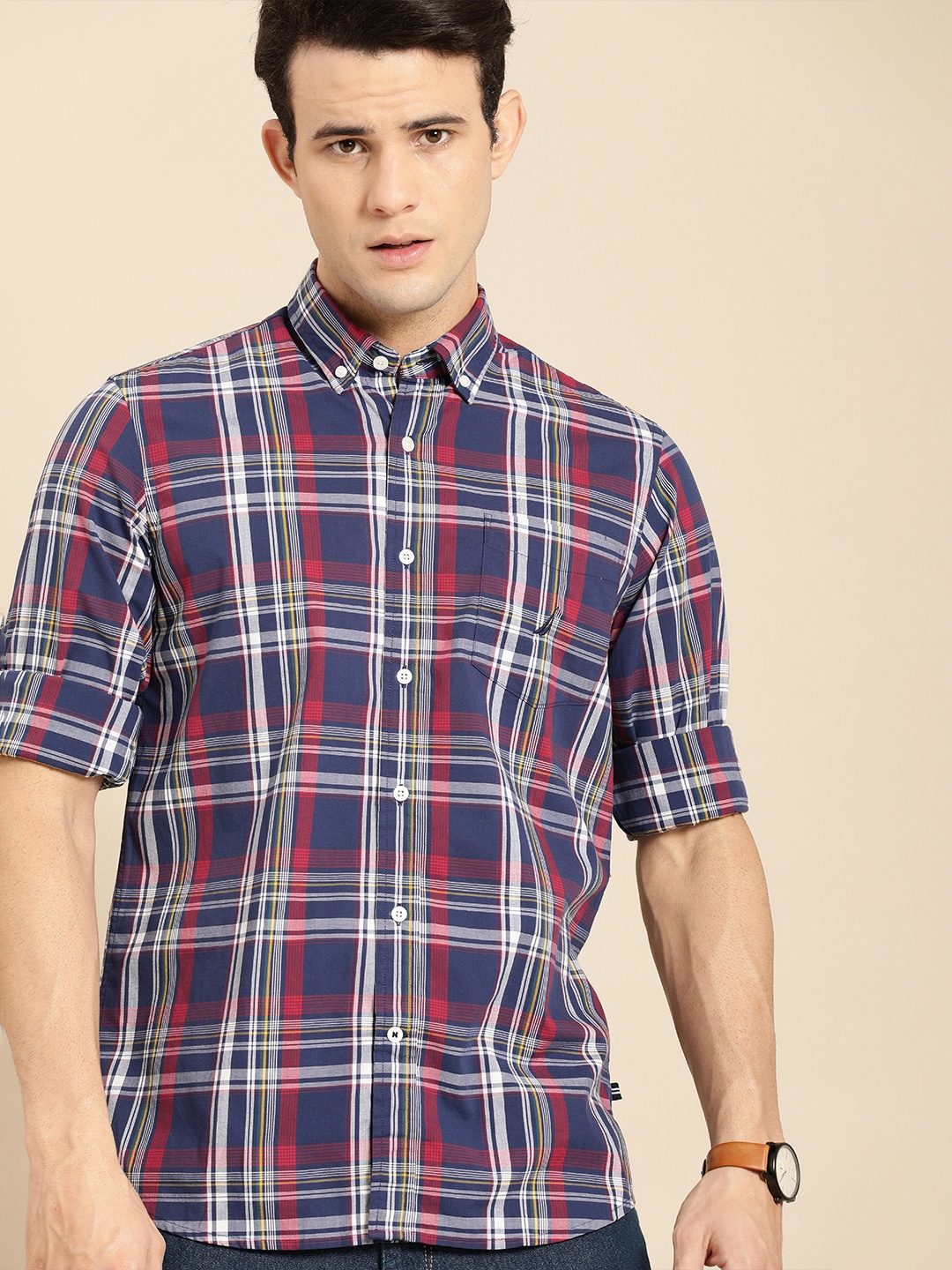 

Nautica Men Navy Blue & Red Classic Fit Tartan Checks Opaque Checked Casual Shirt