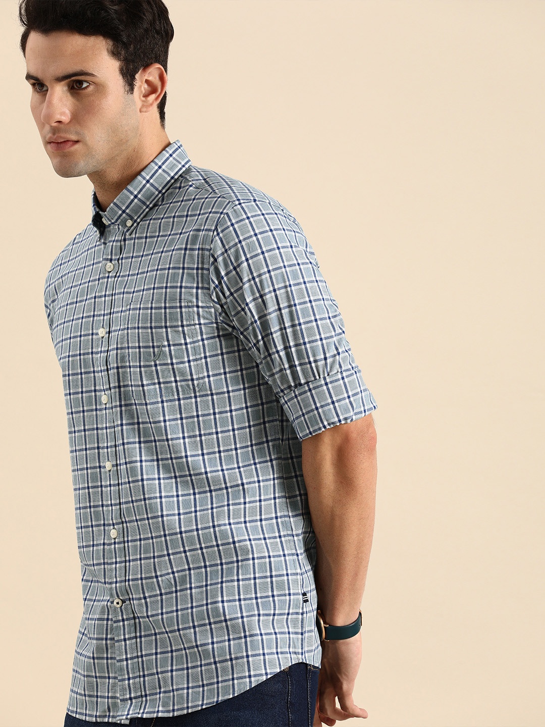 

Nautica Men Blue & White Slim Fit Checked Casual Shirt