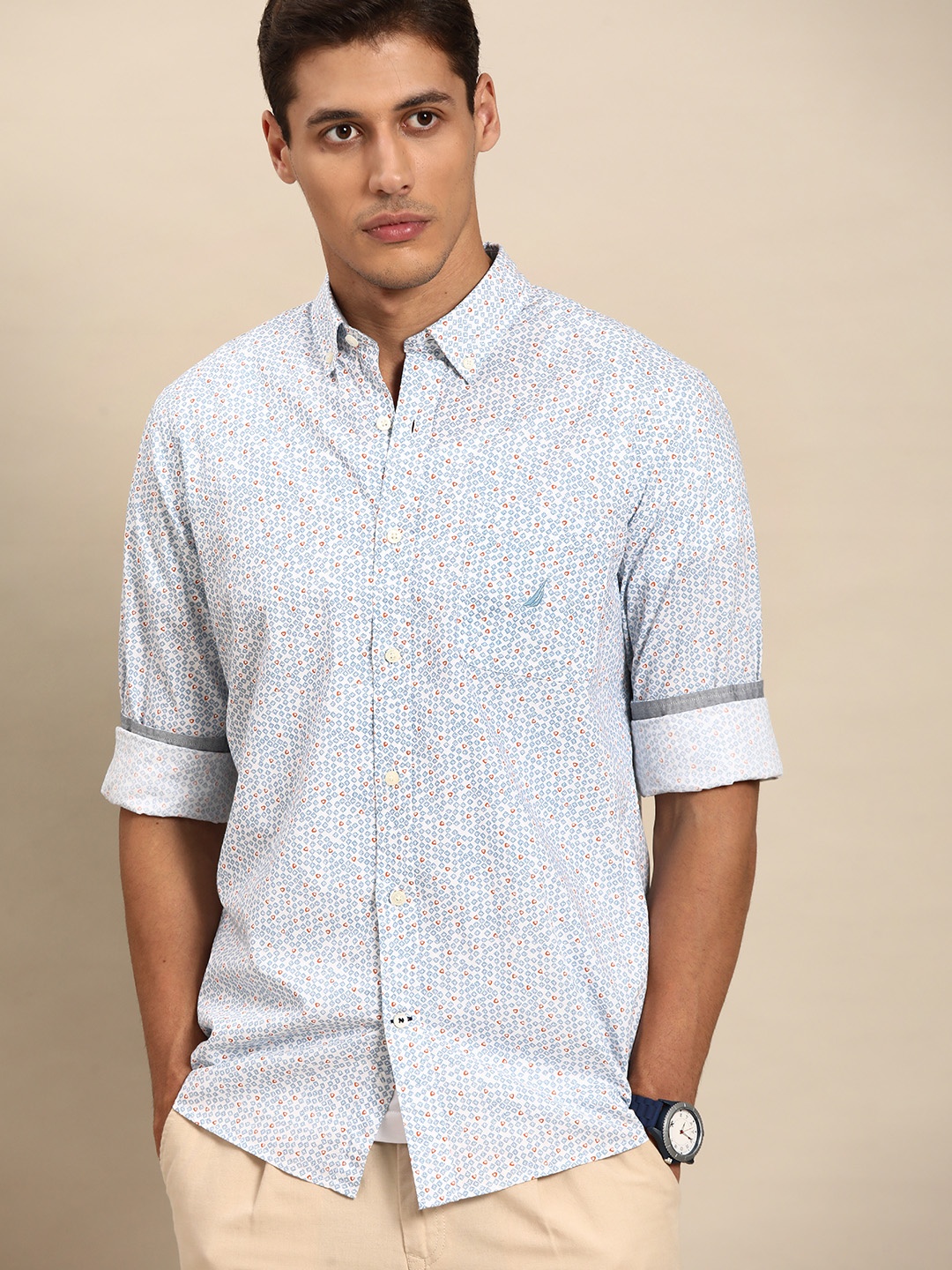 

Nautica Men Blue & White Pure Cotton Slim Fit Printed Casual Shirt