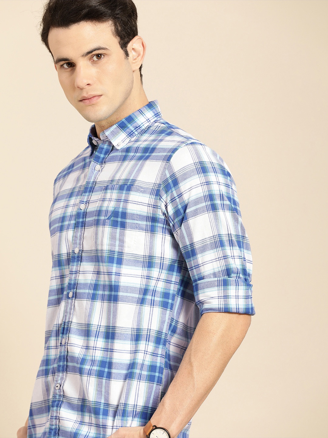 

Nautica Men Blue & White Slim Fit Tartan Checks Checked Casual Shirt