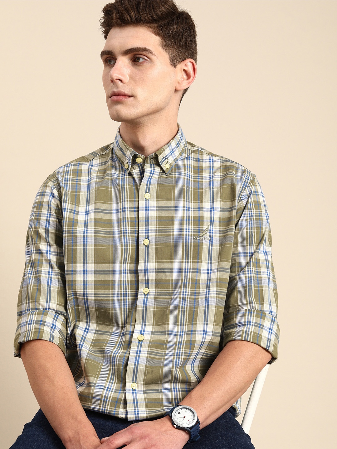

Nautica Men Brown Slim Fit Tartan Checked Casual Shirt
