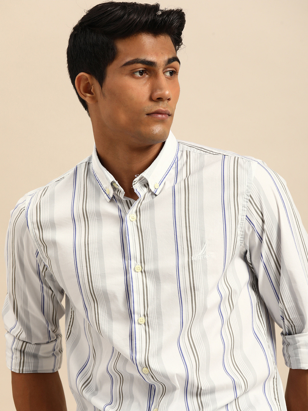 

Nautica Men White & Blue Regular Fit Opaque Striped Casual Shirt
