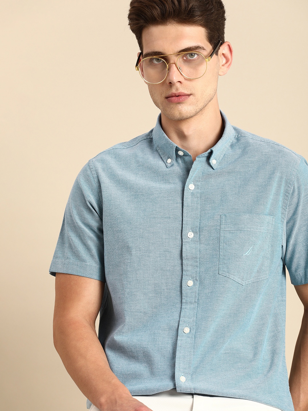 

Nautica Men Blue Textured Self Designed Short Sleeved Opaque Formal Shirt
