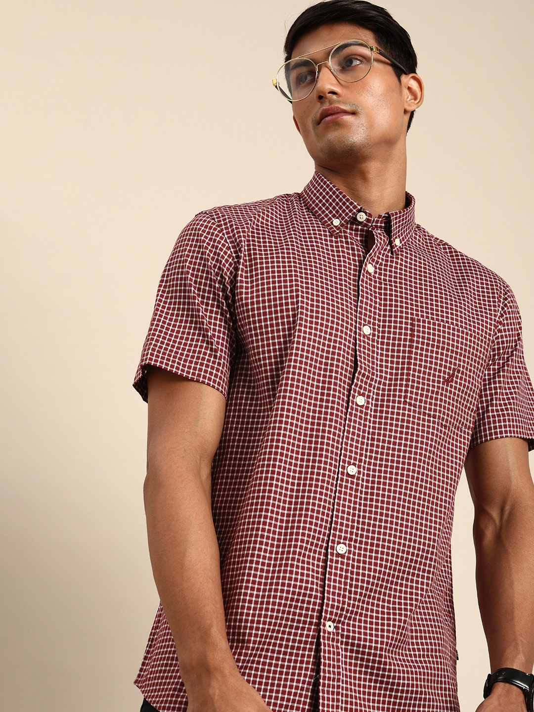 

Nautica Men Maroon & White Classic Fit Grid Tattersall Checked Casual Shirt