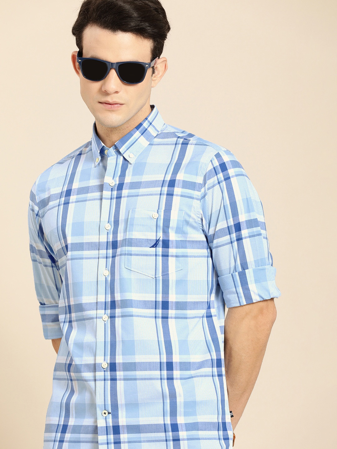 

Nautica Men Blue Classic Fit Checked Button-Down Collar Casual Shirt