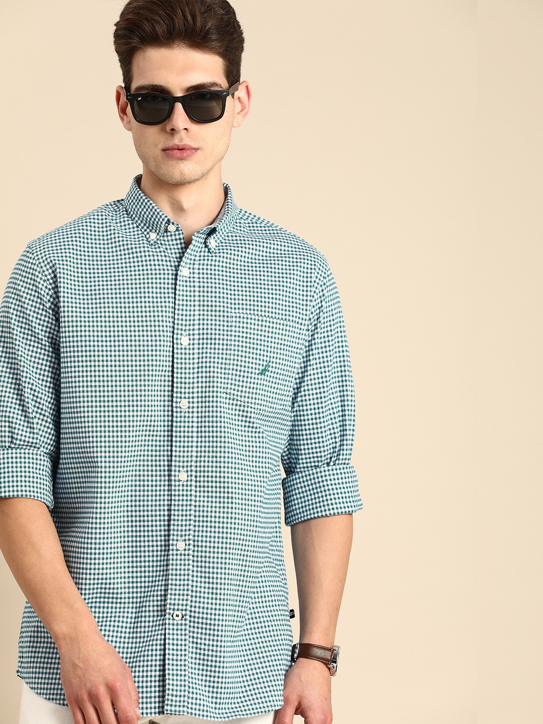 

Nautica Men Blue&White Gingham Checked Slim Collared Opaque Formal Shirt