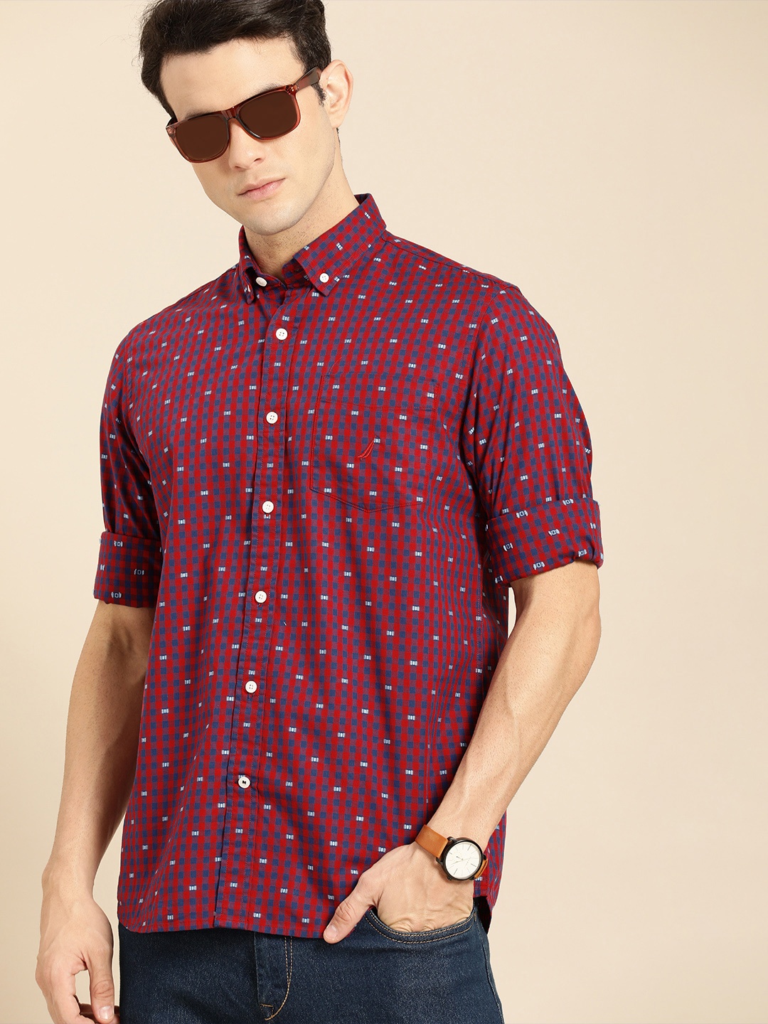 

Nautica Men Red & Navy Blue Classic Fit Checked Casual Shirt