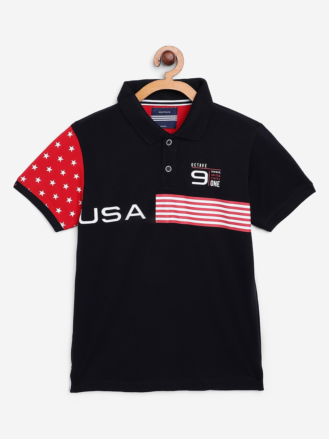 Octave Boys Navy Blue & Red Typography Polo Collar T-shirt
