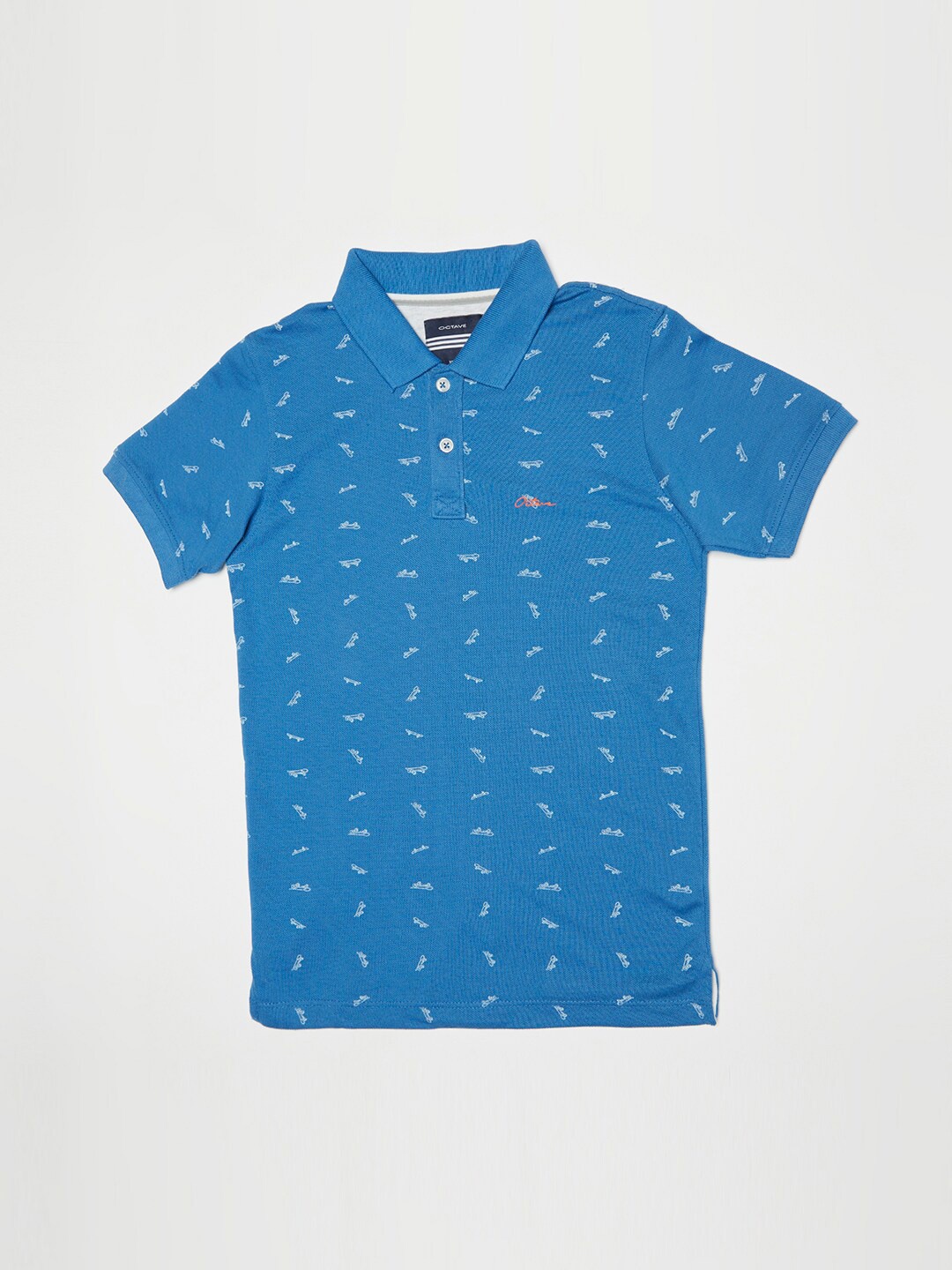 

Octave Boys Blue & White Conversational Printed Polo Collar Cotton T-shirt
