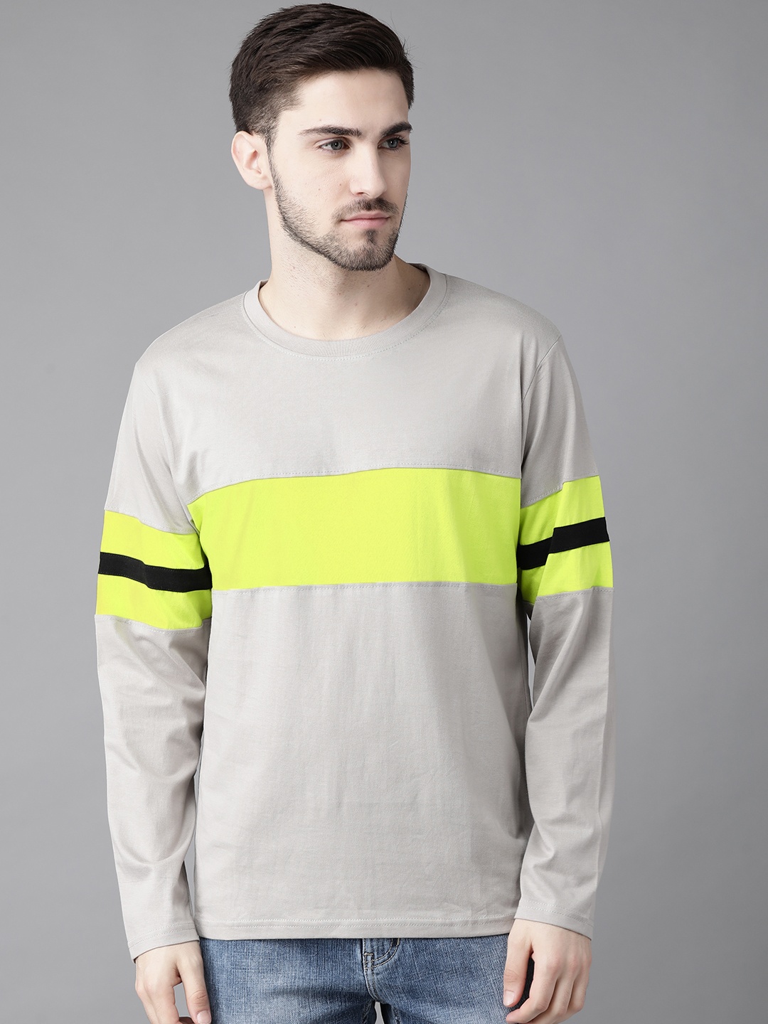 

The Dry State Men Grey & Fluorescent Green Colourblocked Cotton T-shirt