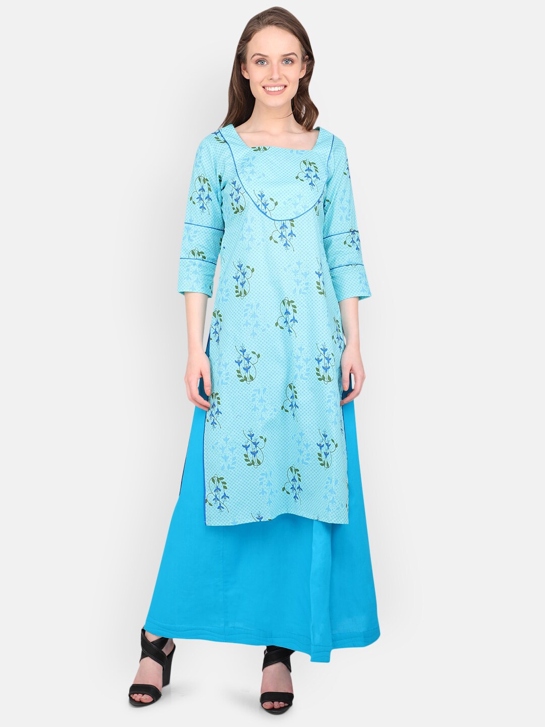 

MARC LOUIS Turquoise Blue & Green Floral Printed Square Neck Pure Cotton Empire Kurti