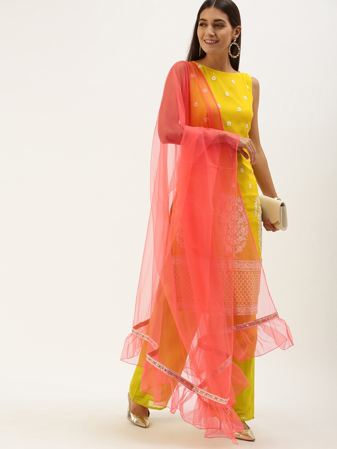 

Ethnovog Women Yellow Embroidered Regular Thread Work Kurta with Palazzos With Dupatta