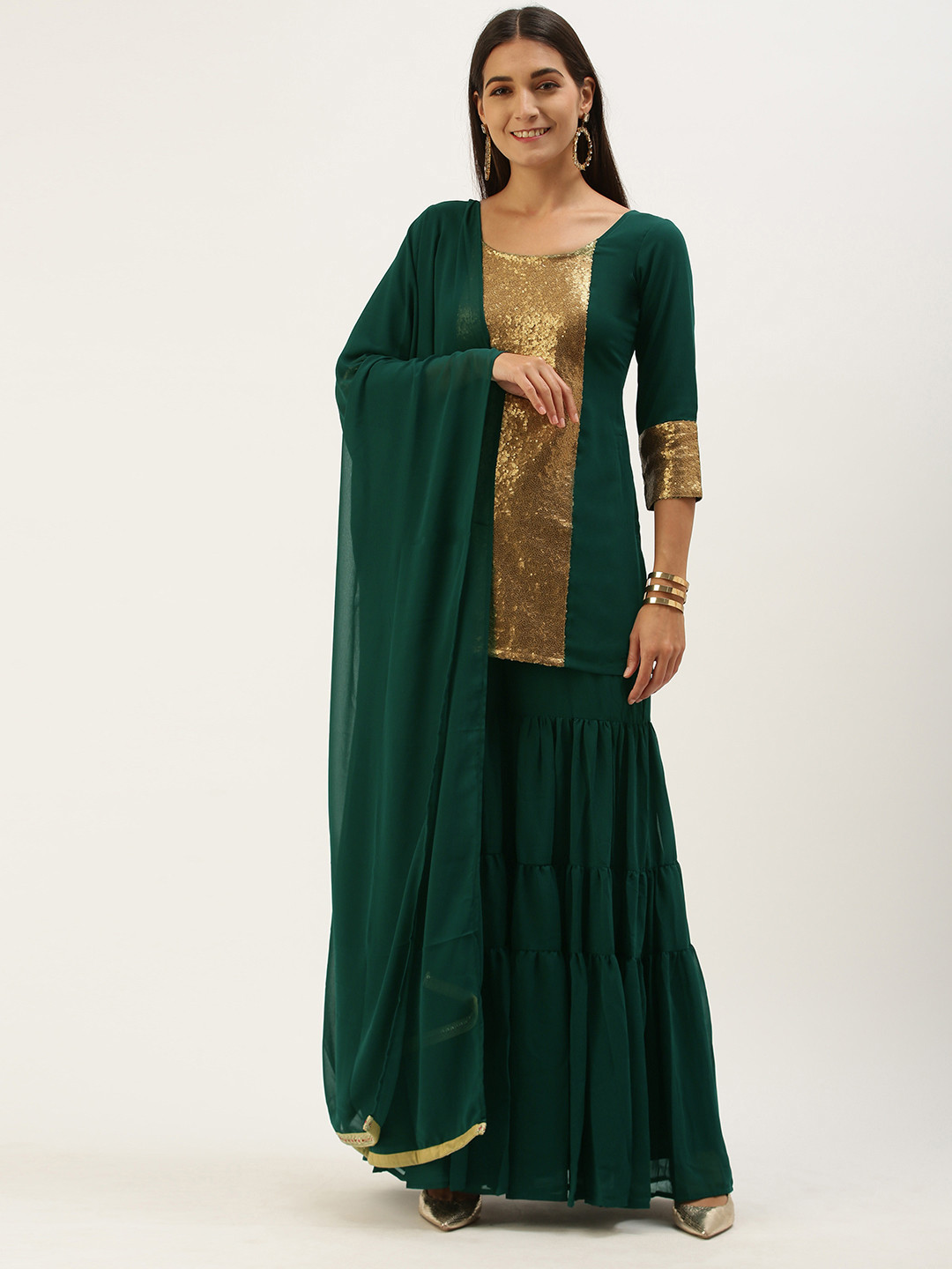 

Ethnovog Women Green Embroidered Regular Sequinned Kurti with Sharara With Dupatta
