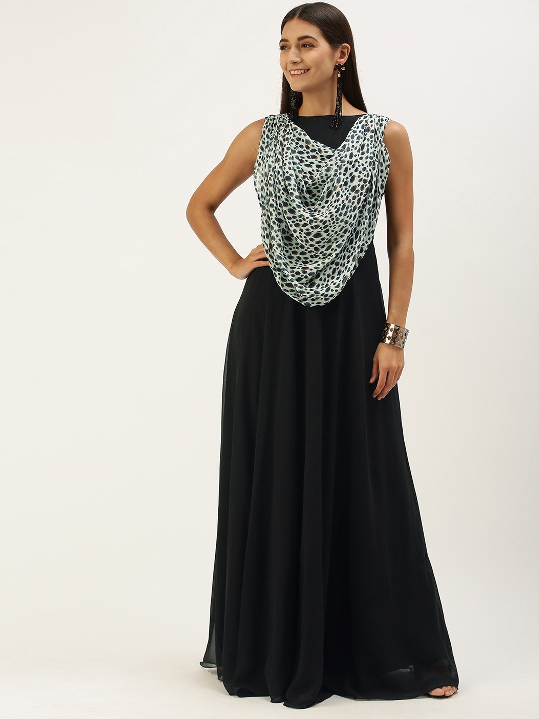 

Ethnovog Black Animal Layered Georgette Maxi Dress