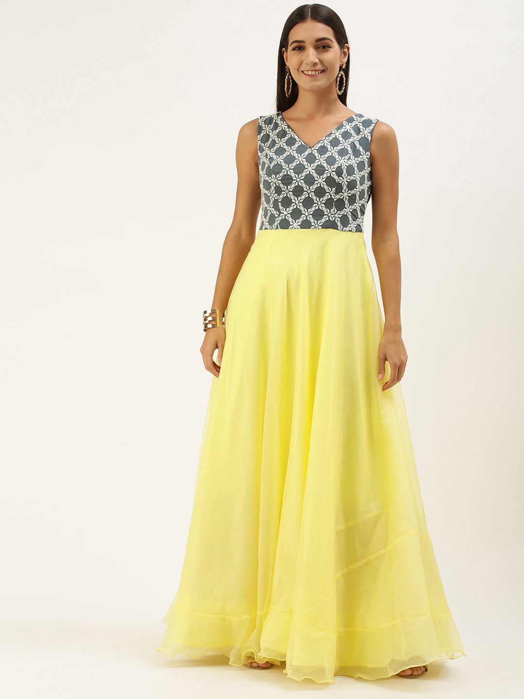 

Ethnovog Yellow Grey Ethnic Motifs Embroidered Layered Maxi Dress