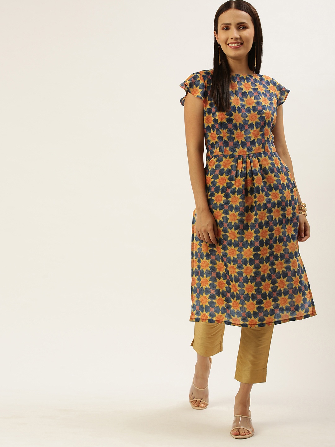 Ethnovog Women Blue Yellow Printed Flared Sleeves Kurta